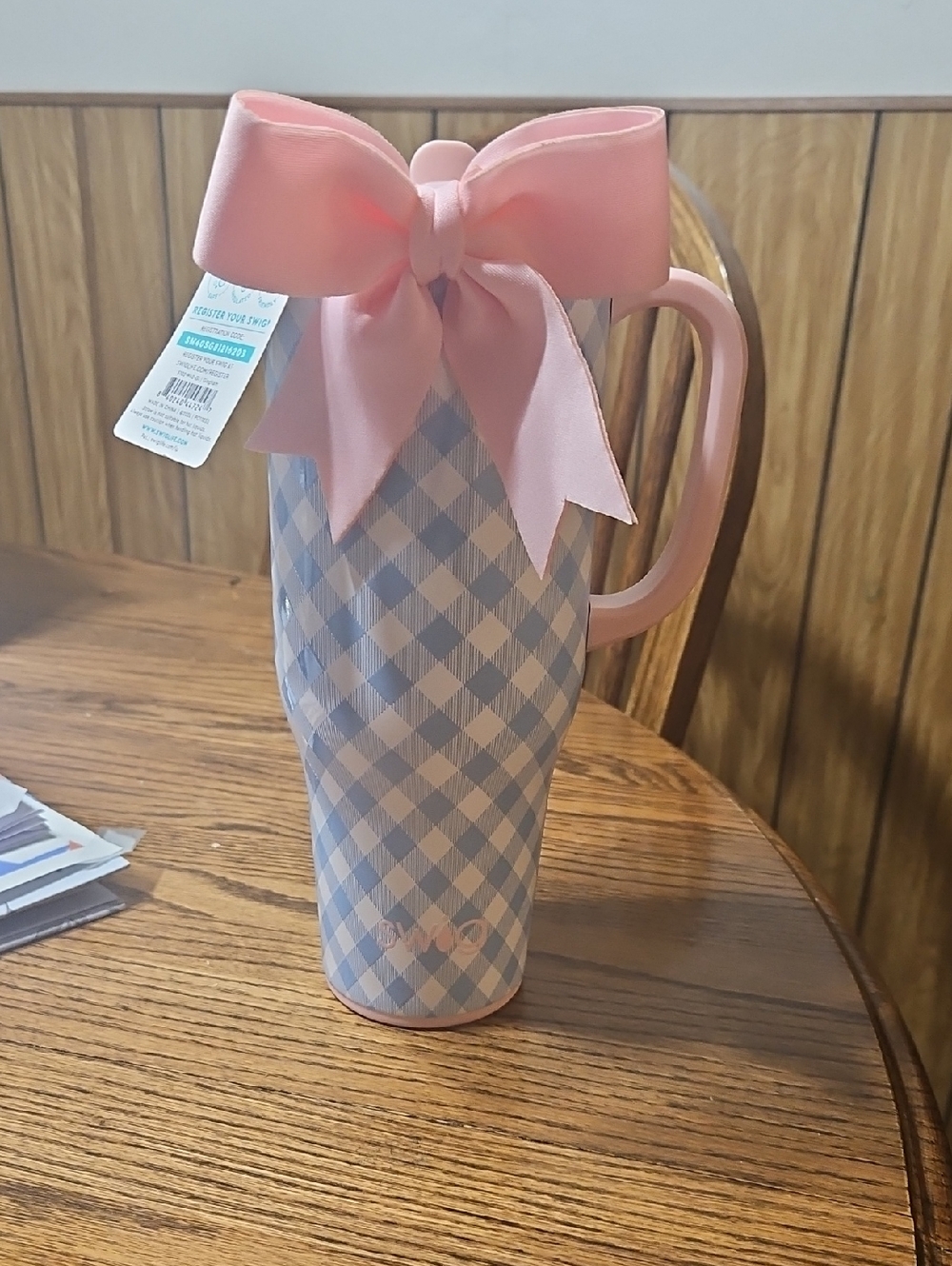 Pink Bow Baby Blue Gingham Travel Tumbler 40 Oz
